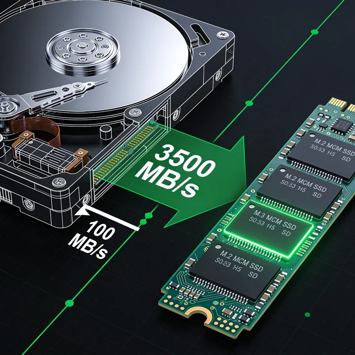 Инженерный чертёж — HDD в разрезе vs SSD-микросхема, сравнение скорости 100 MB/s и 3500 MB/s — апгрейд ГринКомпьютер Ногинск